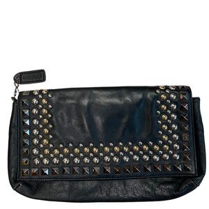 Danier Black leather silver gold tone studded embellished evening clutch purse